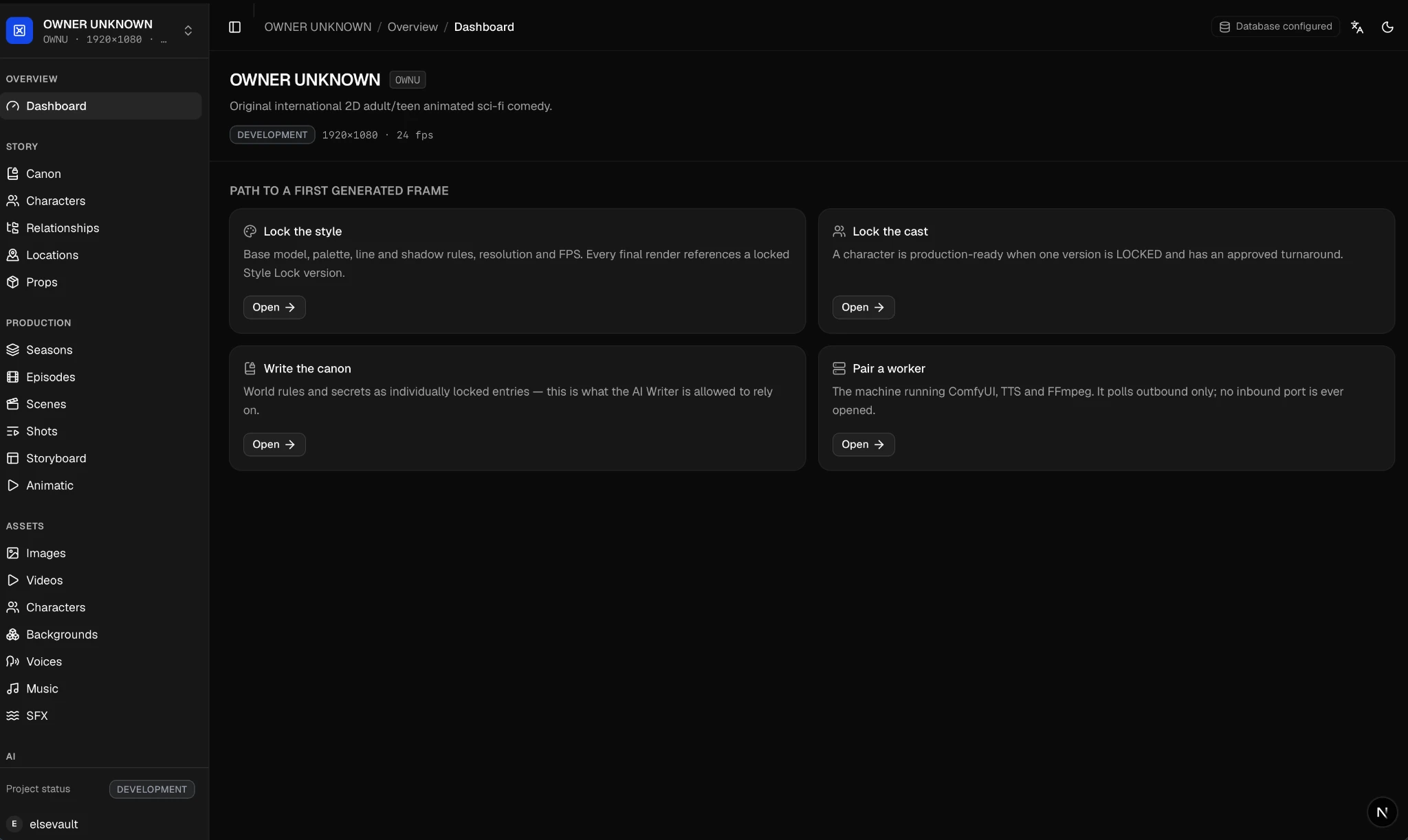 Elsevault Studio project Dashboard with style, cast, canon and worker setup steps